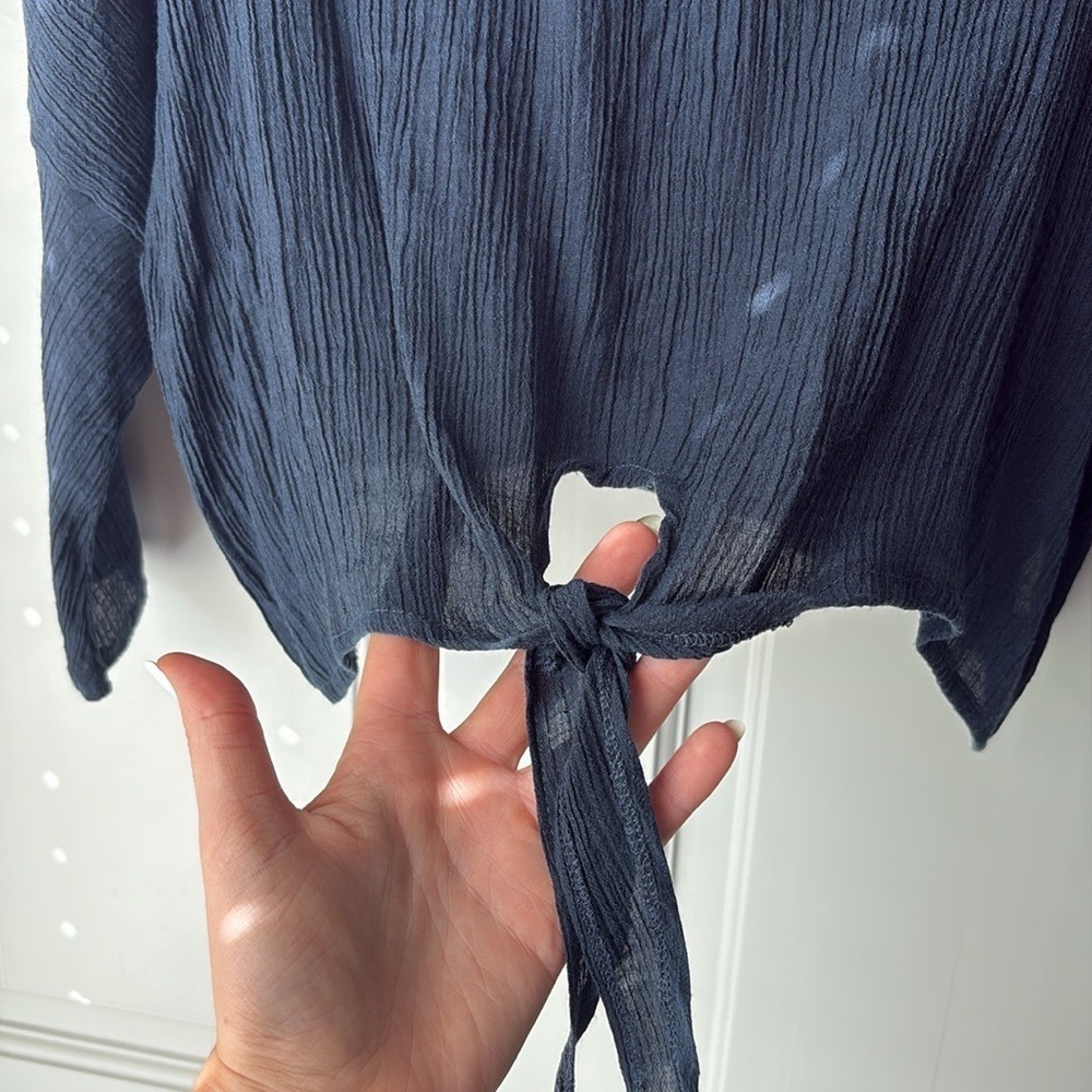 Tie Front Gauze Blouse Large Navy Blue Long Sleeve Dolman Top - Picture 4 of 6